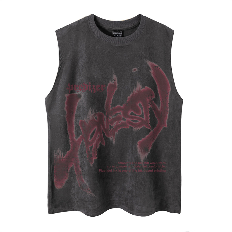 Men's Oversized Faux Suede Tank Top, Streetwear Graffiti Print Sleeveless T-Shirt, Wholesale Casual Washed Vest for Men