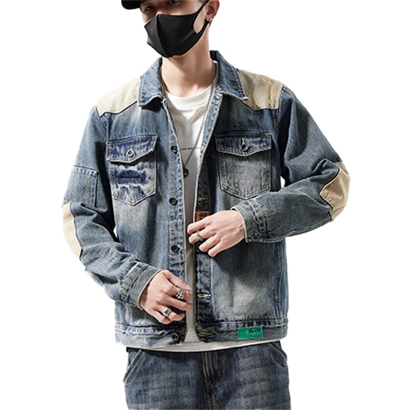 Heavyweight Washed Denim Jacket with Canvas Contrast Details for Men