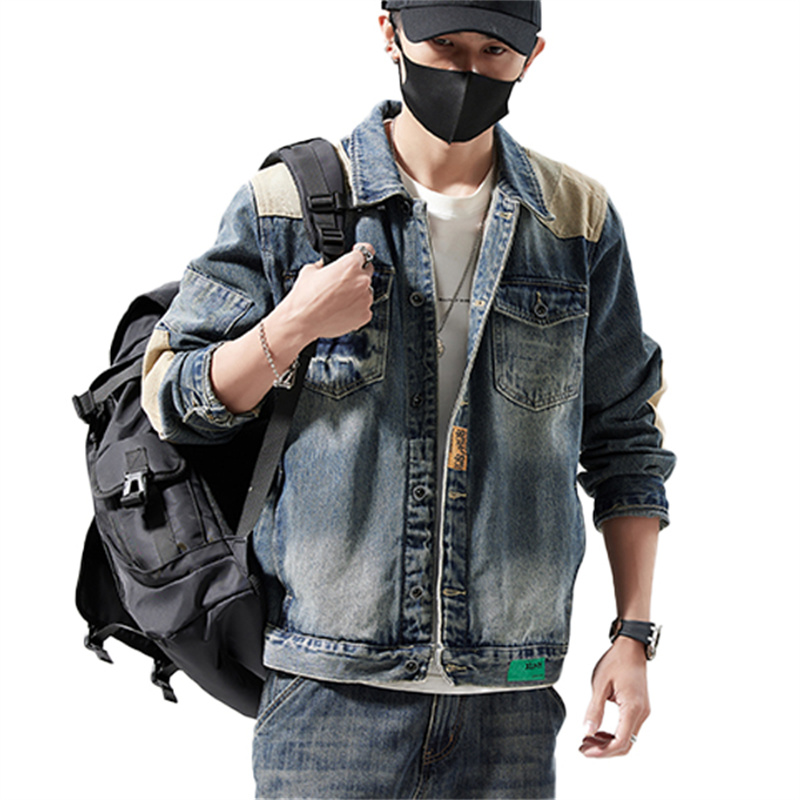 Heavyweight Washed Denim Jacket with Canvas Contrast Details for Men
