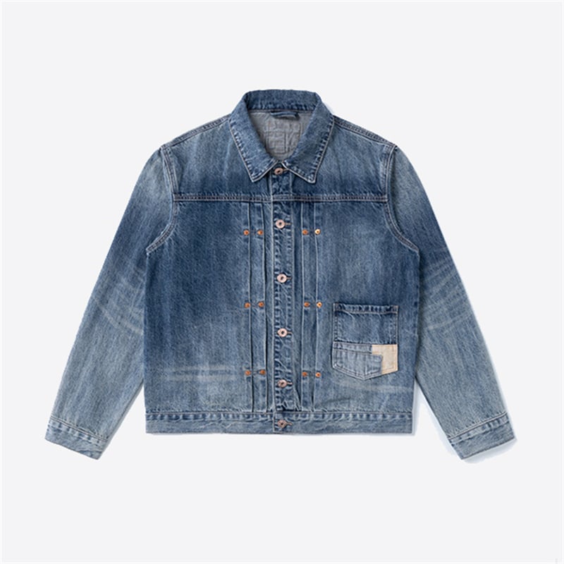 Heavyweight Distressed Denim Jacket Men Retro Workwear Patch Pocket Casual Outerwear