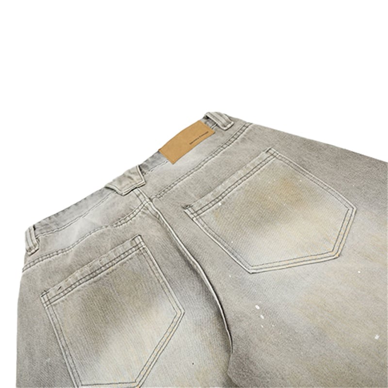Wholesale Grey Washed Distressed Baggy Jeans Men Vintage Ripped Wide Leg Streetwear Paint Splatter Denim Pants