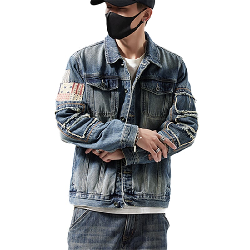 Men's Vintage Distressed Denim Jacket | American Streetwear Custom Style