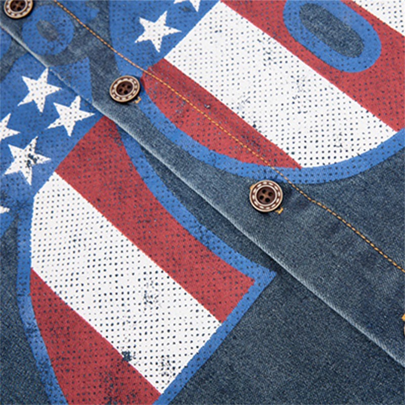 OEM ODM Custom Mens Vintage Denim Shirt Short Sleeve Cross Embroidery Patch American Flag Print Contrast Corduroy Collar Streetwear Jean Shirts Manufacturer