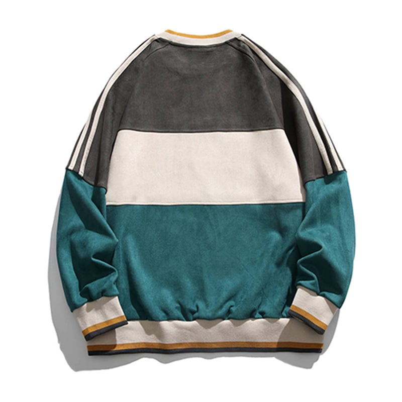 Color Block Striped Sleeve Vintage Crewneck Sweatshirt Retro Letter Print Suede Texture Streetwear Pullover Wholesale Custom Logo
