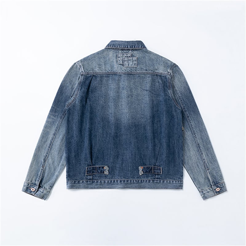 Heavyweight Distressed Denim Jacket Men Retro Workwear Patch Pocket Casual Outerwear