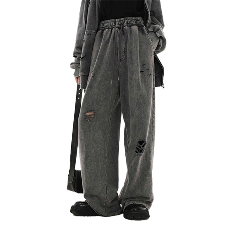 Distressed Washed Baggy Pants Men Elastic Waist Drawstring Wide Leg Grunge Streetwear Trousers Y2K Ripped Casual Sweatpants