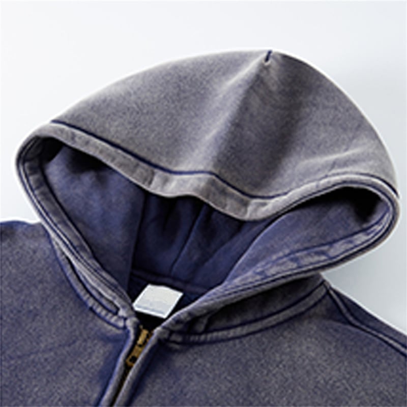 Vintage Acid Wash Blue Zip Up Hoodie Oversized Heavyweight Fleece Blank Streetwear Hooded Jacket Custom Logo Wholesale
