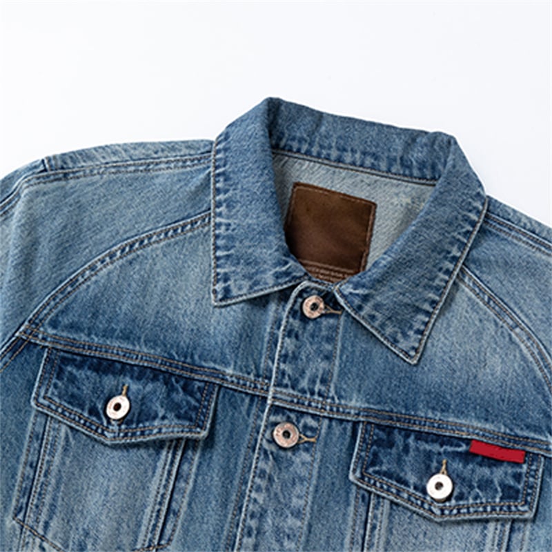 Custom Distressed Denim Trucker Jacket Men with Back Leather Patch & Logo