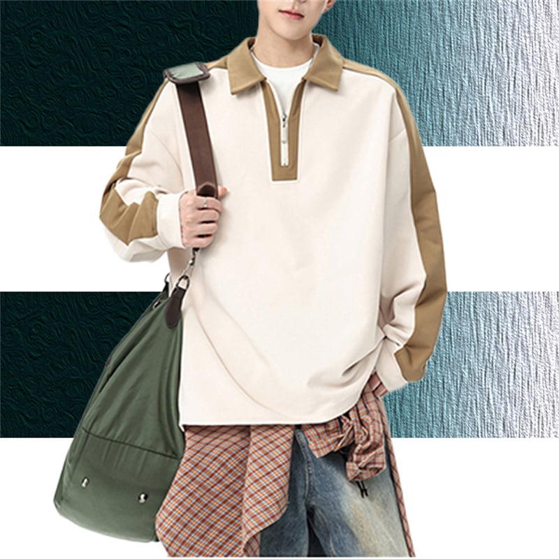 Color Block Half Zip Polo Sweatshirt Men Retro Contrast Collar Long Sleeve Pullover Casual Streetwear Top Wholesale Custom Logo
