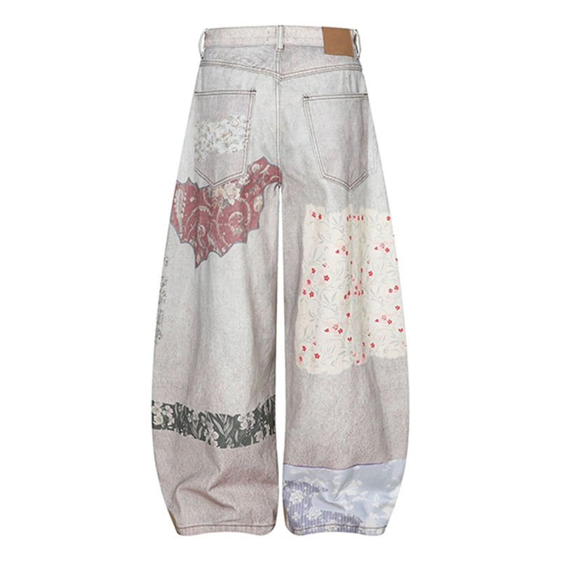 Wholesale Patchwork Print Baggy Jeans Men Vintage Patchwork Plaid Floral Printed Wide Leg Streetwear Denim Pants