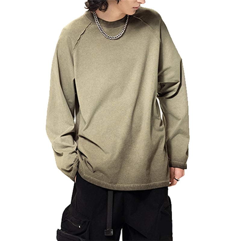 Men's New Streetwear 270GSM Heavyweight Garment-Washed Long Sleeve Tee - Reverse Dyed Acid-Wash Macaron Colors 100% Cotton