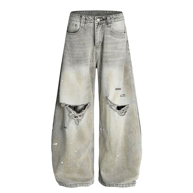 Wholesale Grey Washed Distressed Baggy Jeans Men Vintage Ripped Wide Leg Streetwear Paint Splatter Denim Pants