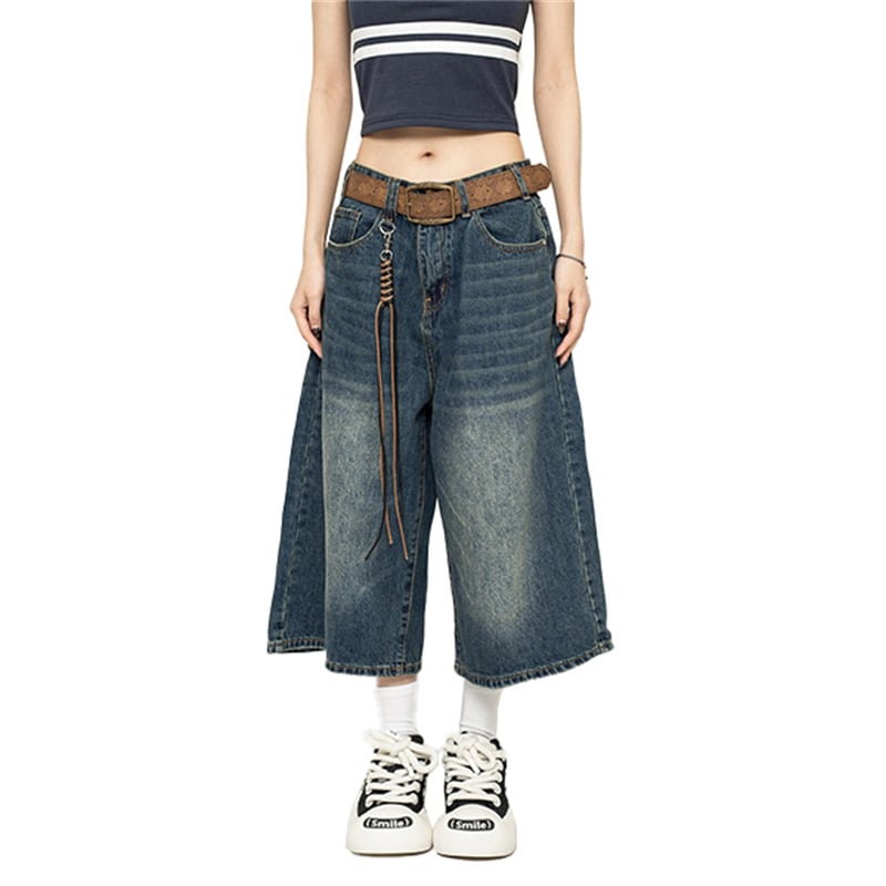 Y2K Wide Leg Culotte Jeans Women Vintage Washed Baggy Denim Skirt Pants Retro High Waist Loose Cropped Streetwear Trousers