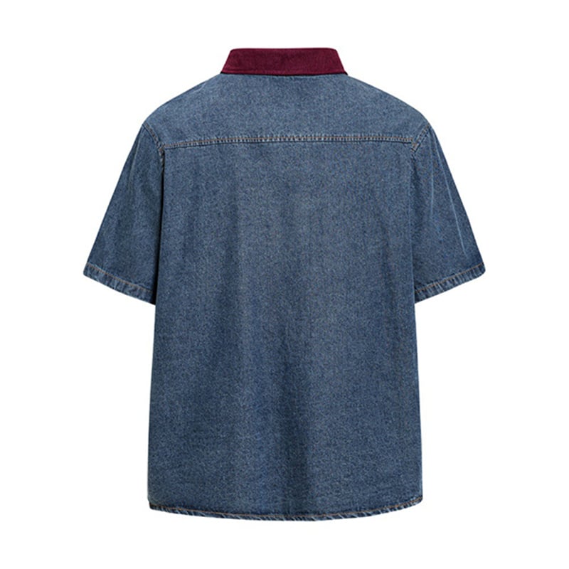 OEM ODM Custom Mens Vintage Denim Shirt Short Sleeve Cross Embroidery Patch American Flag Print Contrast Corduroy Collar Streetwear Jean Shirts Manufacturer