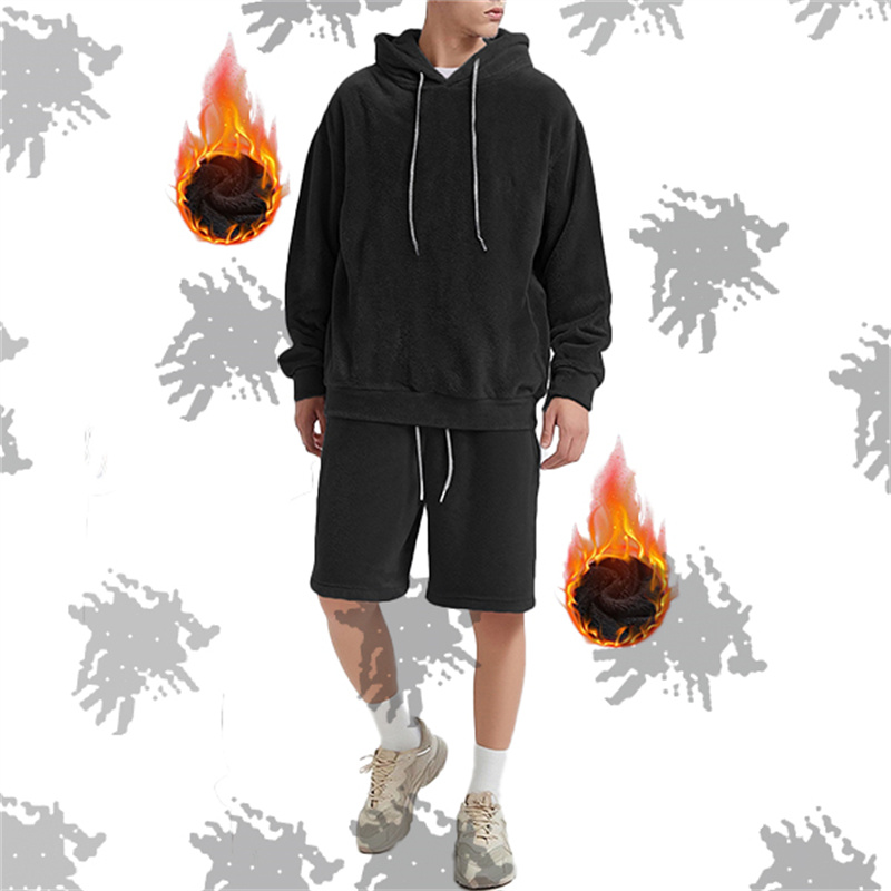 Solid Black Fleece 2 Piece Outfit Oversized Hoodie Drawstring Shorts Terry Towel Fabric Sweatsuit Wholesale Custom Logo
