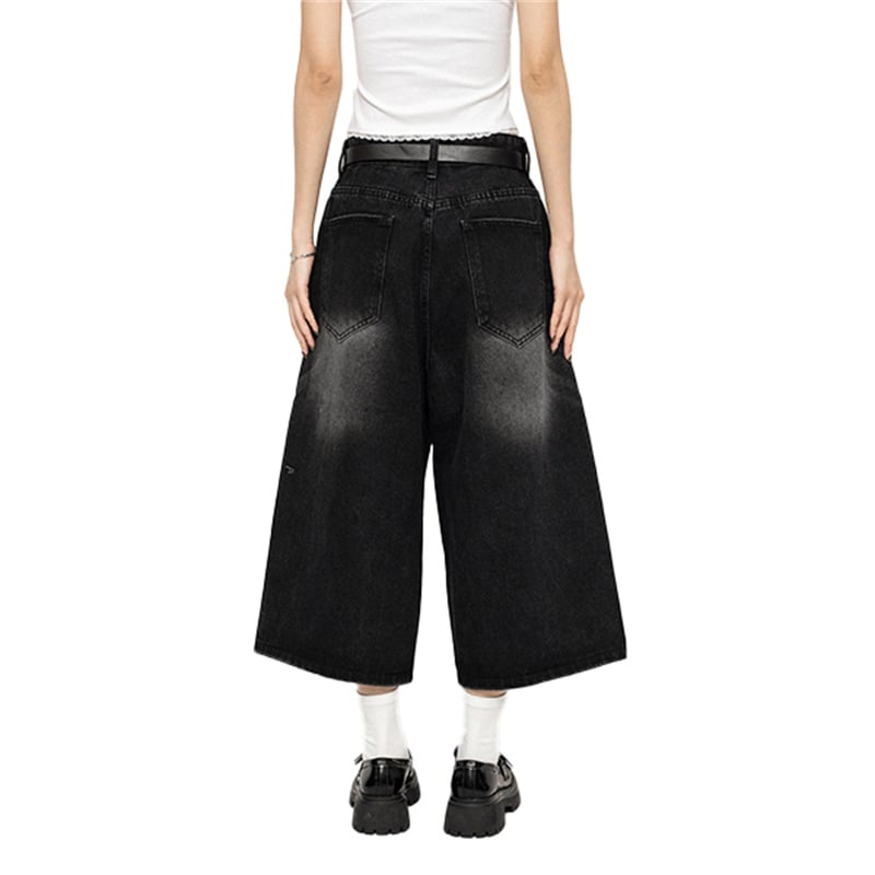 Y2K Wide Leg Culotte Jeans Women Vintage Washed Baggy Denim Skirt Pants Retro High Waist Loose Cropped Streetwear Trousers
