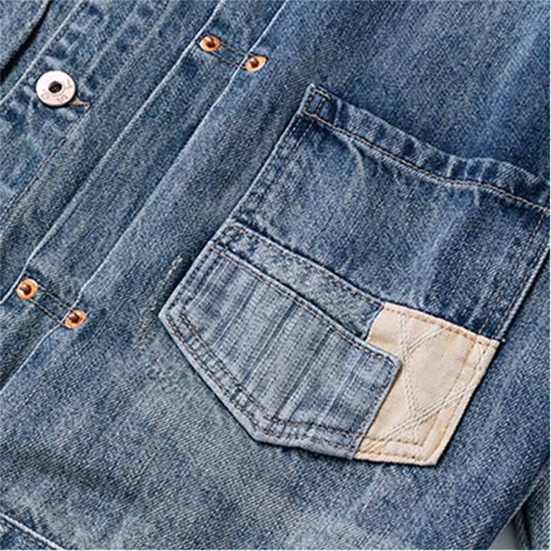 Heavyweight Distressed Denim Jacket Men Retro Workwear Patch Pocket Casual Outerwear