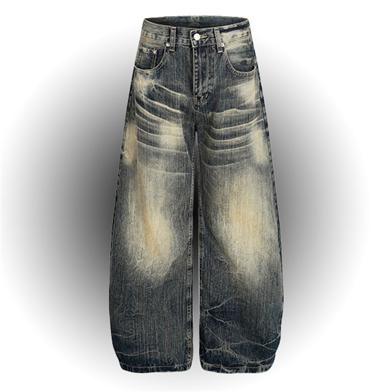 Vintage Washed Baggy Jeans Men High Waist Wide Leg Y2K Streetwear Trousers Retro Distressed Denim Pants