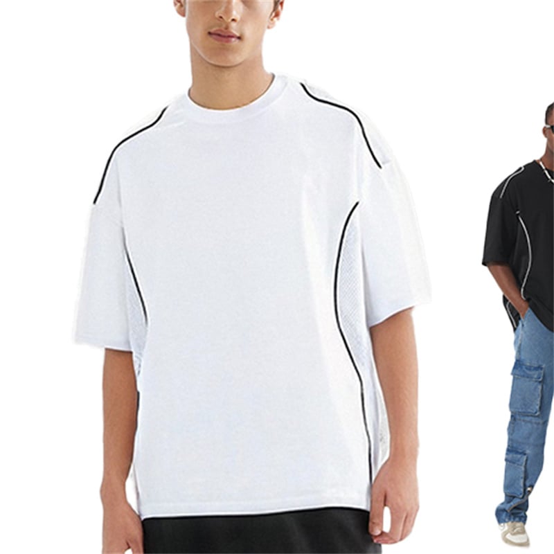 Streetwear Mesh Panel 100% Cotton Tee, Men's Casual Breathable Summer Short Sleeve