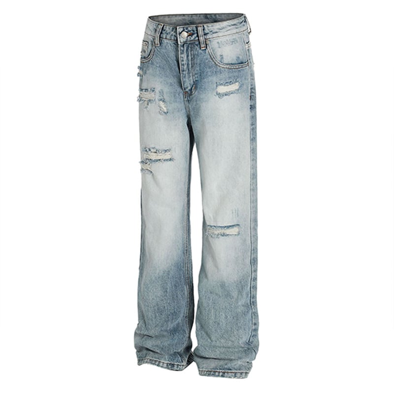 Wholesale Light Wash Distressed Baggy Jeans Men Vintage Ripped Wide Leg Streetwear Loose Fit Denim Pants