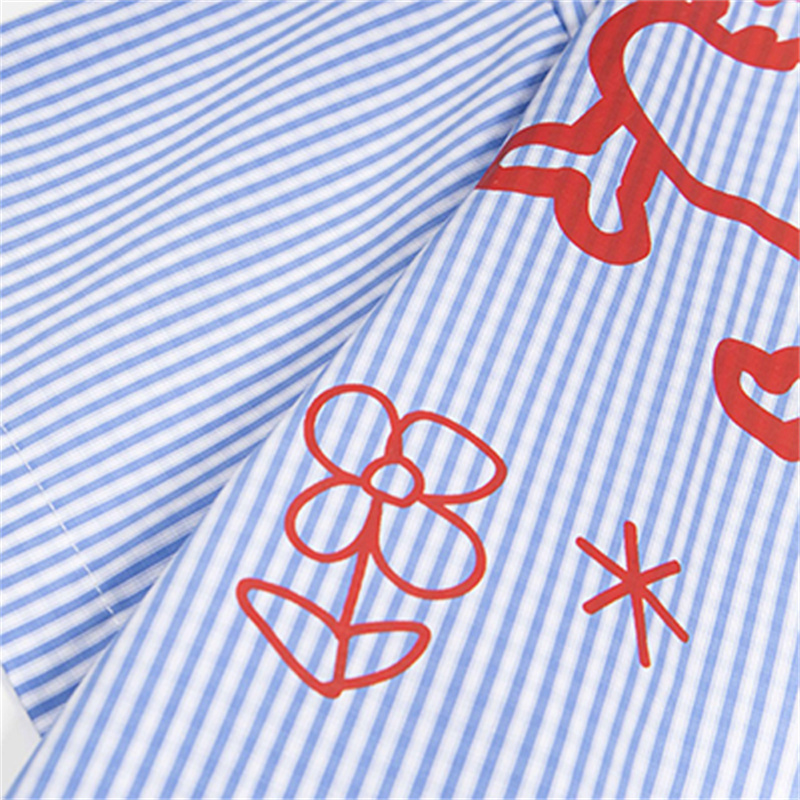 Custom Mens Blue White Vertical Stripe Shirt Cute Dog Line Graphic Printing Oversized Casual Shirt OEM Private Label Manufacturer