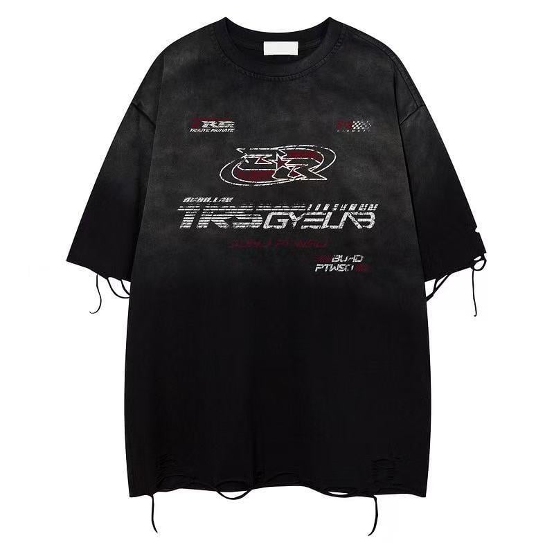 Unisex Custom Heavyweight Vintage Washed Distressed Ripped High-Street Hip-Hop Short Sleeve Tee - American Retro Oversized Crew Neck