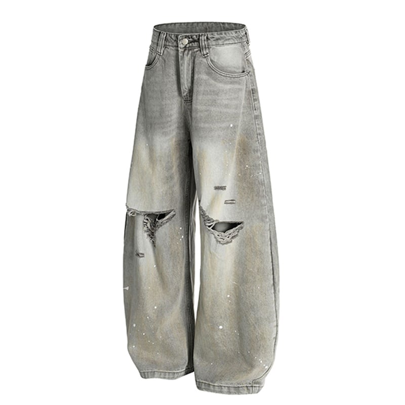 Wholesale Grey Washed Distressed Baggy Jeans Men Vintage Ripped Wide Leg Streetwear Paint Splatter Denim Pants