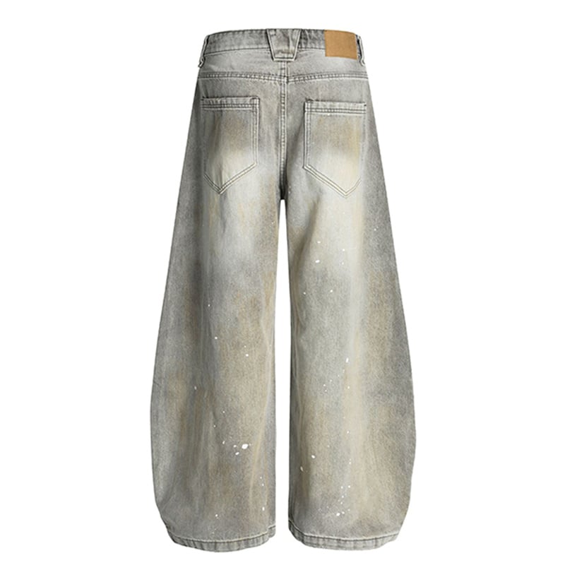 Wholesale Grey Washed Distressed Baggy Jeans Men Vintage Ripped Wide Leg Streetwear Paint Splatter Denim Pants