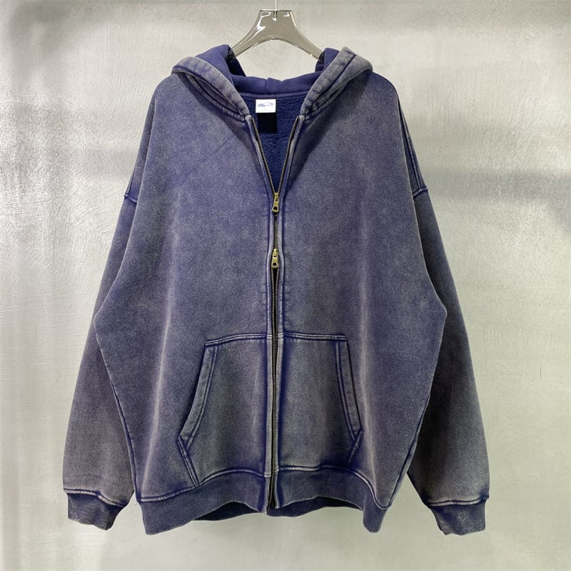 Vintage Acid Wash Blue Zip Up Hoodie Oversized Heavyweight Fleece Blank Streetwear Hooded Jacket Custom Logo Wholesale
