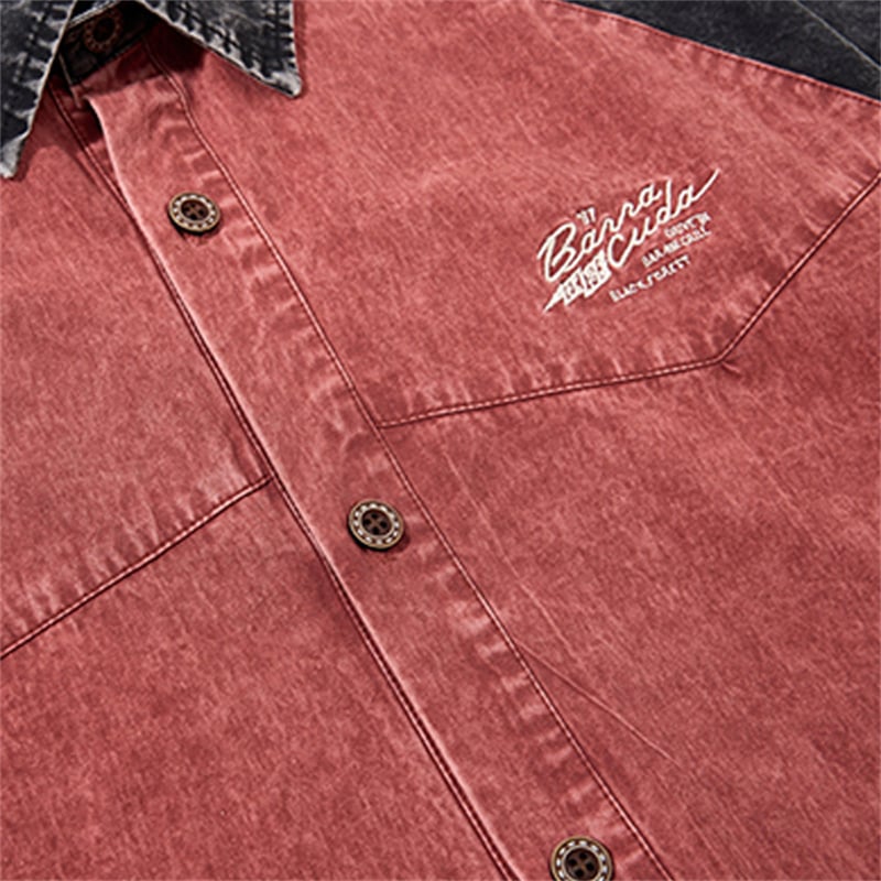 Custom Mens Two-Tone Acid Wash Denim Shirt Contrast Raglan Striped Sleeve Small Embroidery Streetwear Shirt Manufacturer Private Label