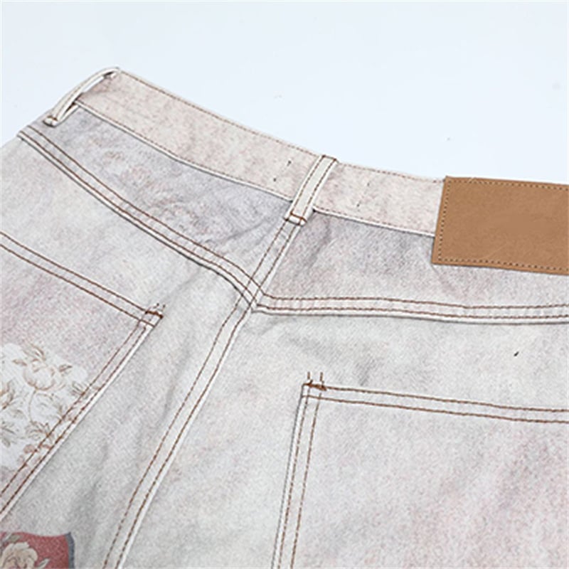 Wholesale Patchwork Print Baggy Jeans Men Vintage Patchwork Plaid Floral Printed Wide Leg Streetwear Denim Pants