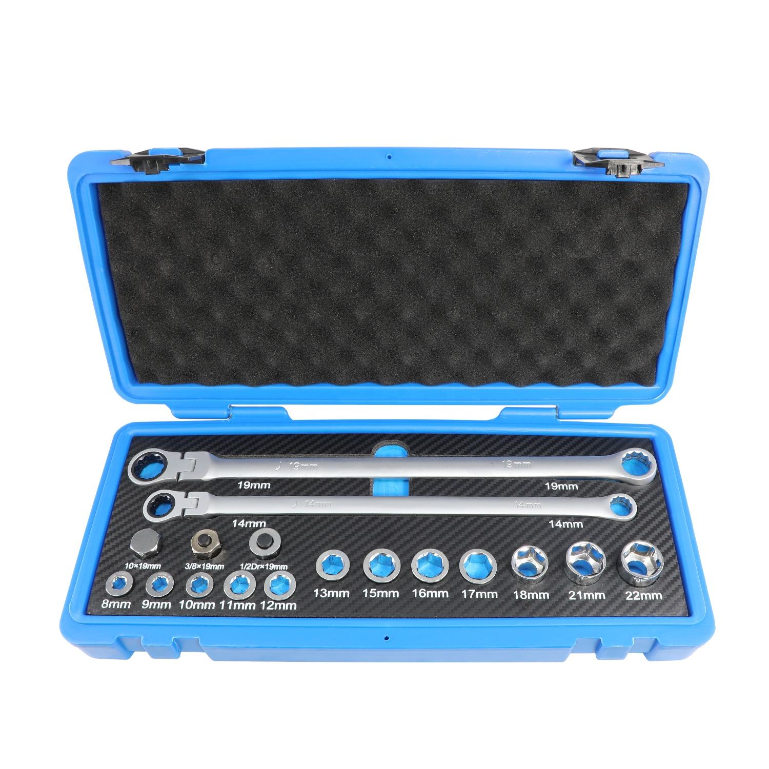 17PCS Extra Long 8-22mm Flex-Head Ratcheting Wrench Set With Metric Double Box End