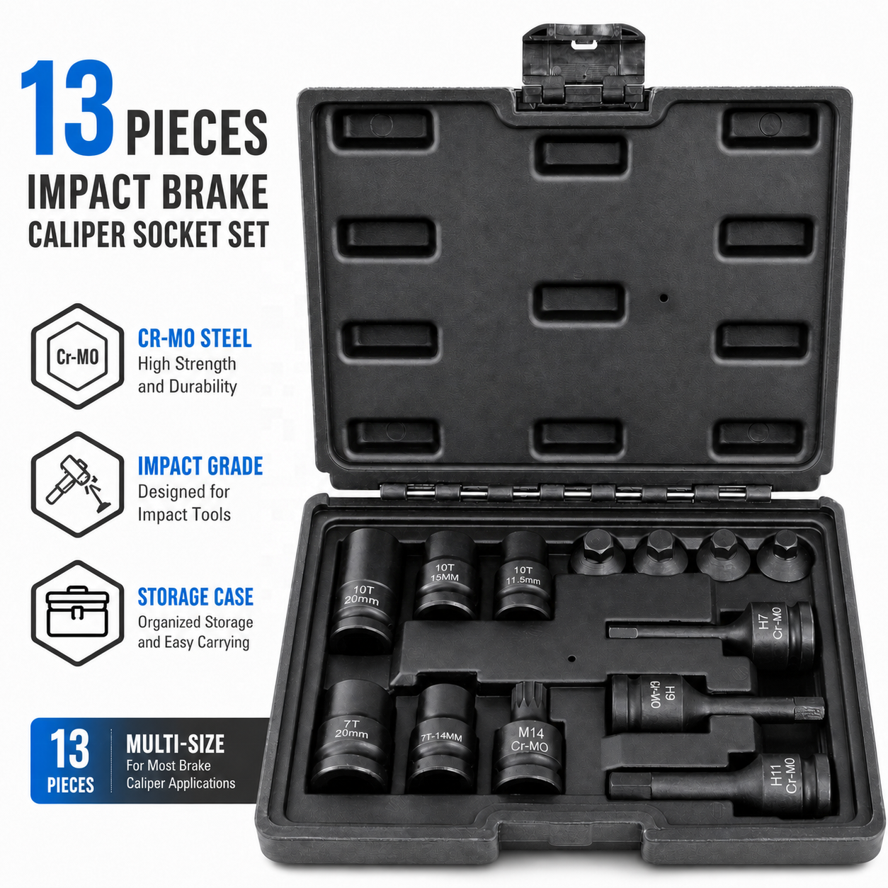 13pcs Impact Brake Caliper Socket Set 1/2" Square Drive Wrench Brake Adjusting Tool Kit for Audi Benz BMW Porsche Ford VW