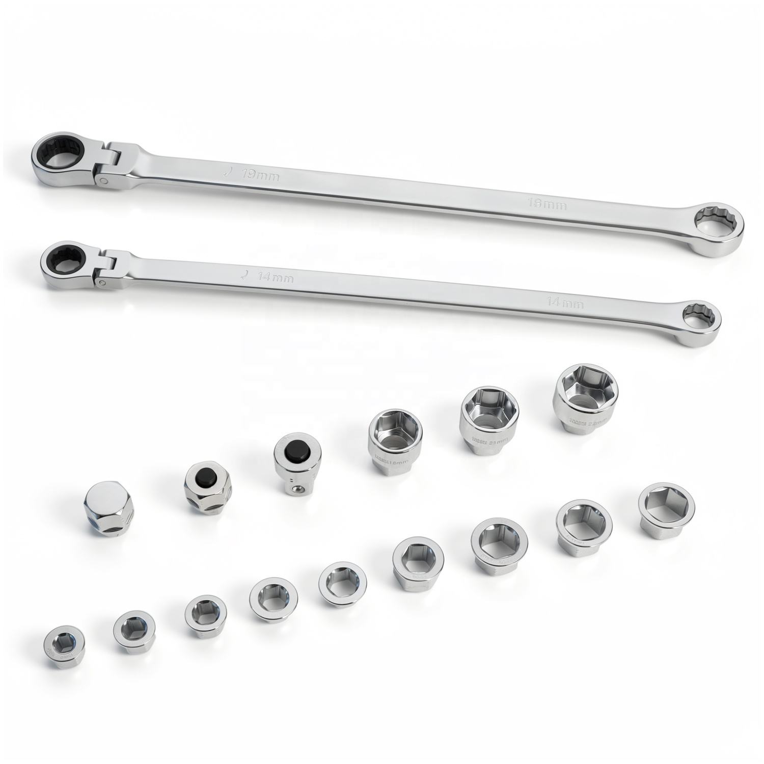 17PCS Extra Long 8-22mm Flex-Head Ratcheting Wrench Set With Metric Double Box End