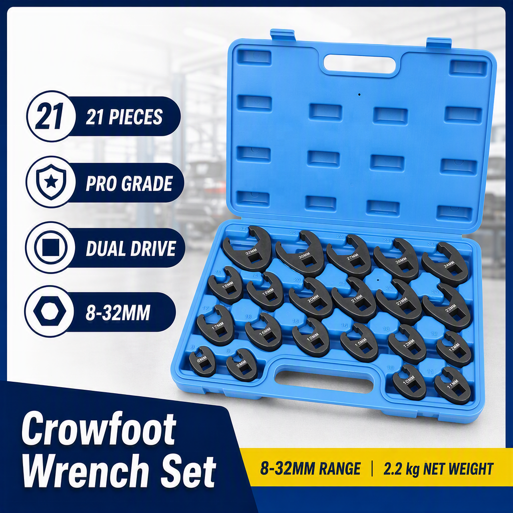 21 Piece Metric Crowfoot Wrench Set 1/2 Inches and 3/8 Inches Drive Sizes 8mm-32mm Cr-Mo Flare Nut