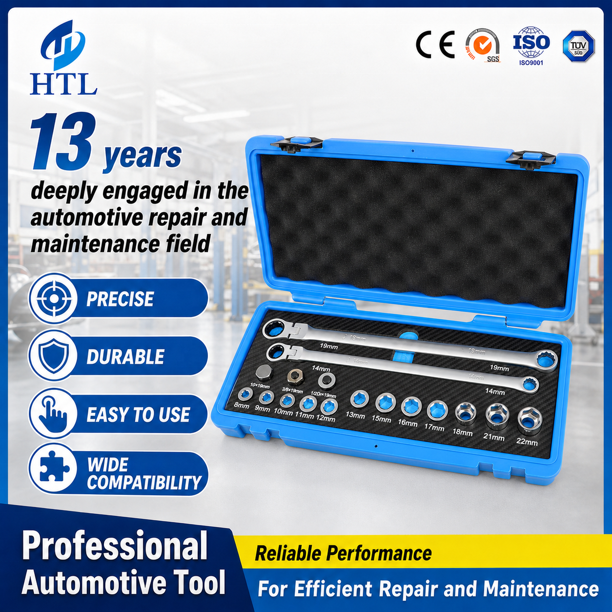 17PCS Extra Long 8-22mm Flex-Head Ratcheting Wrench Set With Metric Double Box End
