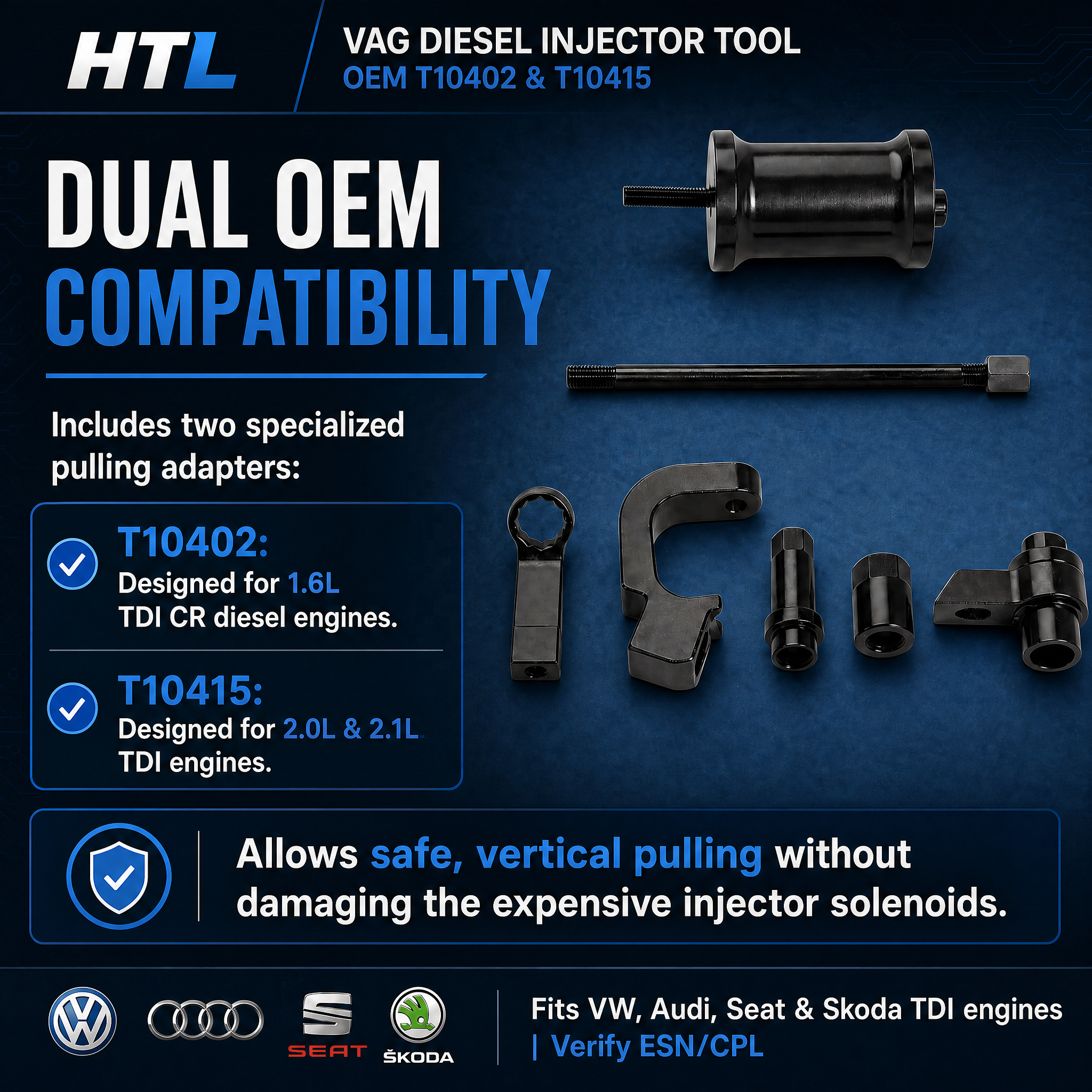 Upgraded Fuel Injector Puller Removal Tool Kit with 150mm Extension Pole OEM T10402 & T10415 for VW, Audi 1.6L 2.0L 2.1L TDI CR