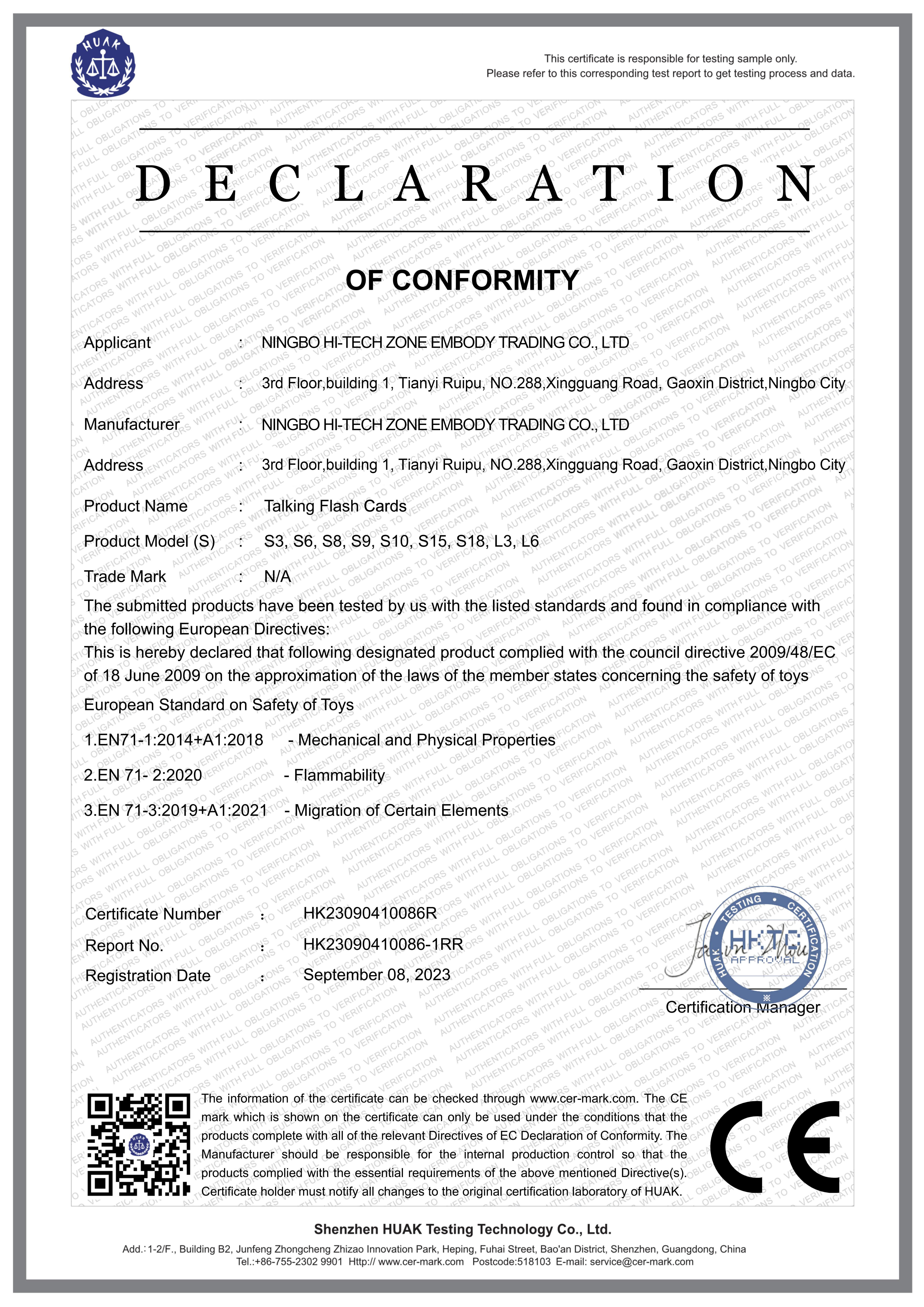ISO 9001, BSCI, RED, ROHS, CE, FCC