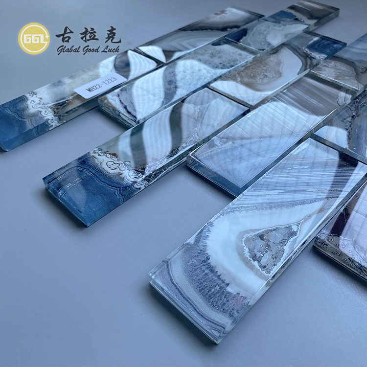 Mozaik Kaca Biru Lukisan Tangan Reka Bentuk Fesyen Untuk Jubin Dinding Rumah