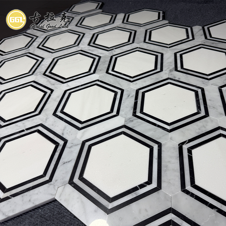 Sechseckiger schwarzer weißer Marmor-Stein-Mosaikflor für Wohnraumfliesen-Design