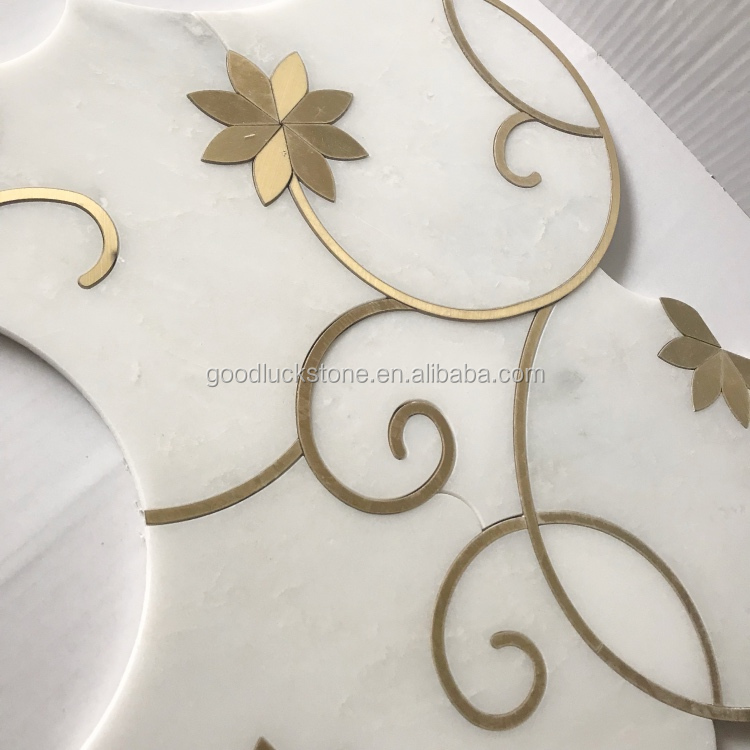 White Mable Campuran Brass Waterjet Corak Bunga Mozaik untuk Til Dinding Bilik Mandi dan Dapur