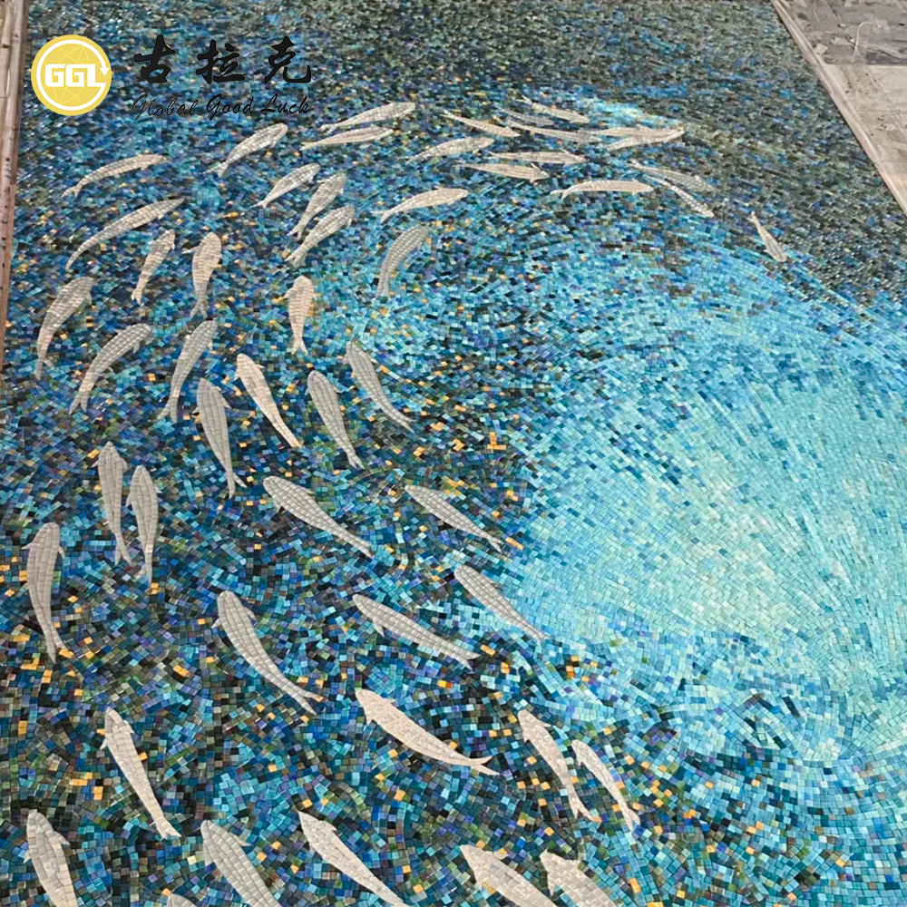 Custom Fish Glass Mosaic Mural for Luxury Interior Feature Walls