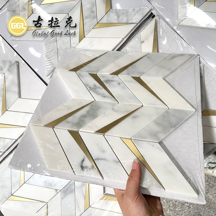 Calacatta Gold Marble Mixed Brass Chevron Mosaic Mosaic Tile