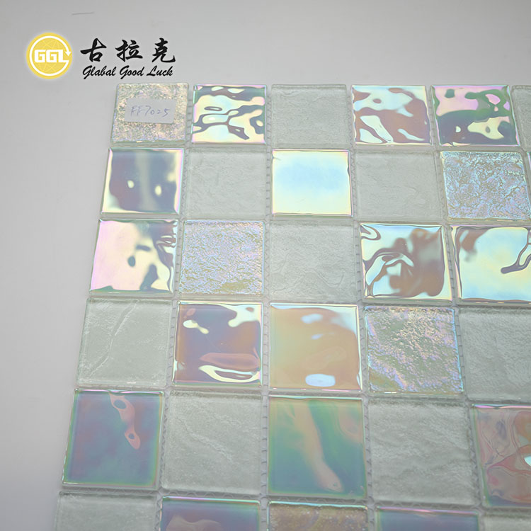 Backplash Wall Decor White Mix Green Rainbow Crystal Glass Mosaic Tile for Swimming Pool