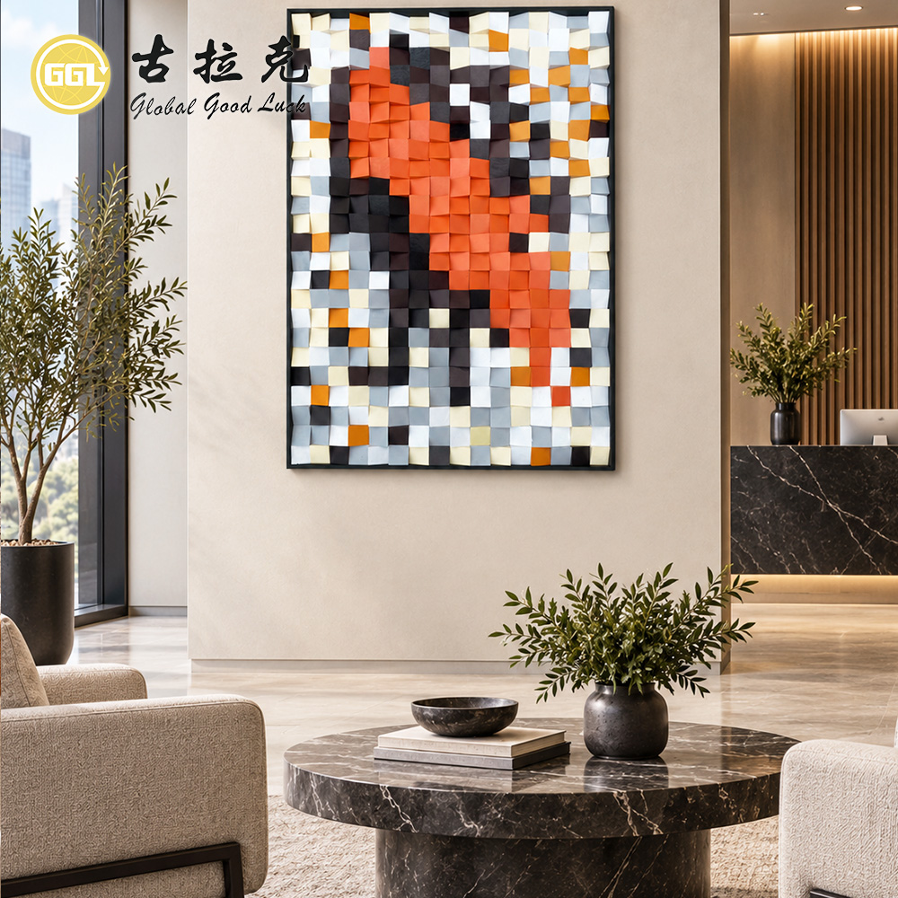 Handmade 3D Abstract Wood Mosaic Mural with Orange & Black Tones
