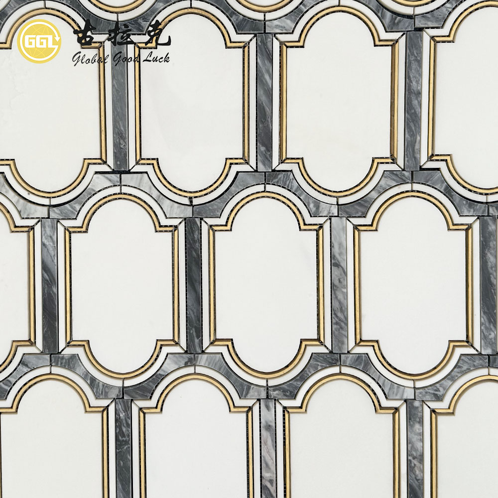 Bespoke Florence Grey Marble Mosaic with Brass Inlay | Architectural Waterjet Stone Design
