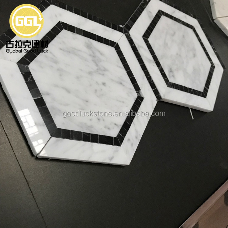 Carrara Weiß Misch Schwarz Nero Marquina Marmor große Sechseckform Marmor Mosaikfliese für Küche/Wohnzimmer Boden und Wand Dekor