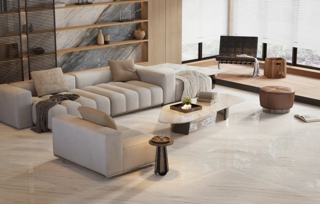 Bright modern living room with Palissandro Bianco Marble flooring