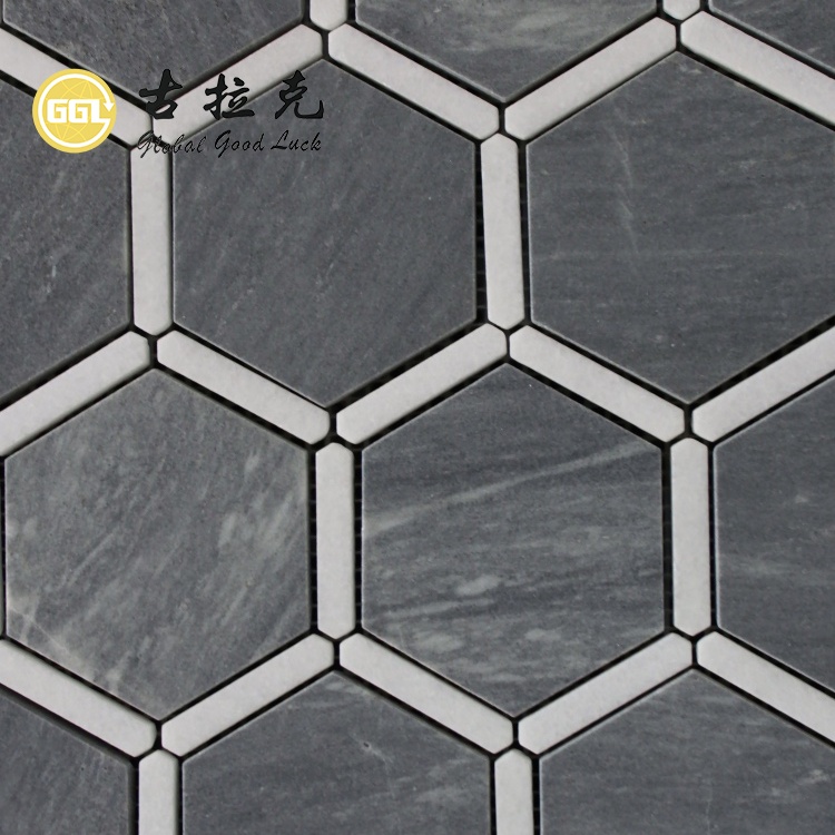 Azulejo de mosaico hexagonal de mármol Modern Grey Mix White para salpicadero de cocina