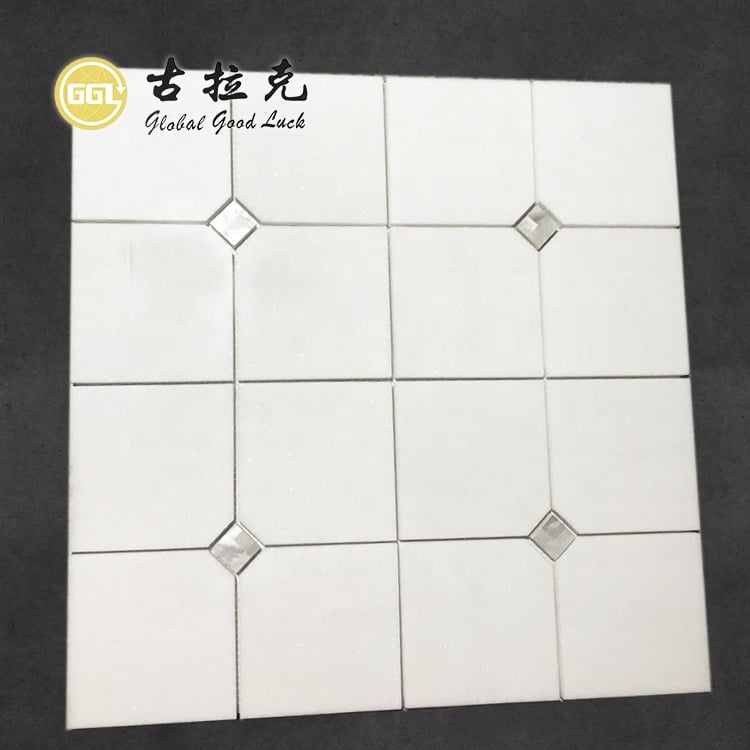 Square Thassos White Tile Shell Inlay Waterjet Mosaic Wall Tile für Badezimmerwände